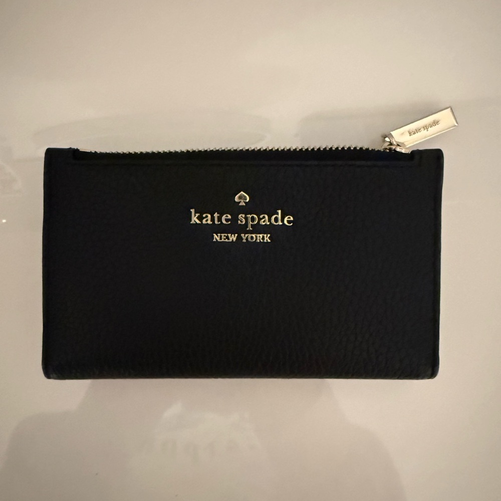 Kate Spade Black Leather Zip Card Holder with Gold Logo